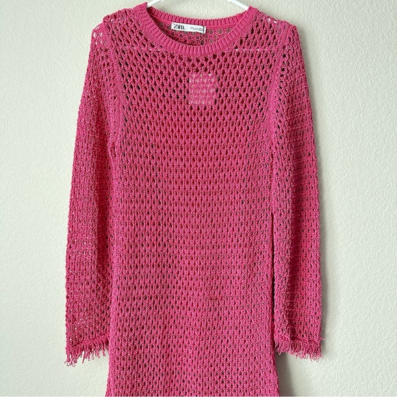 New Zara Fringed Crochet Openwork Pink Fuschia Mini Dress 3859/024 Bloggers Fav - Picture 6 of 12